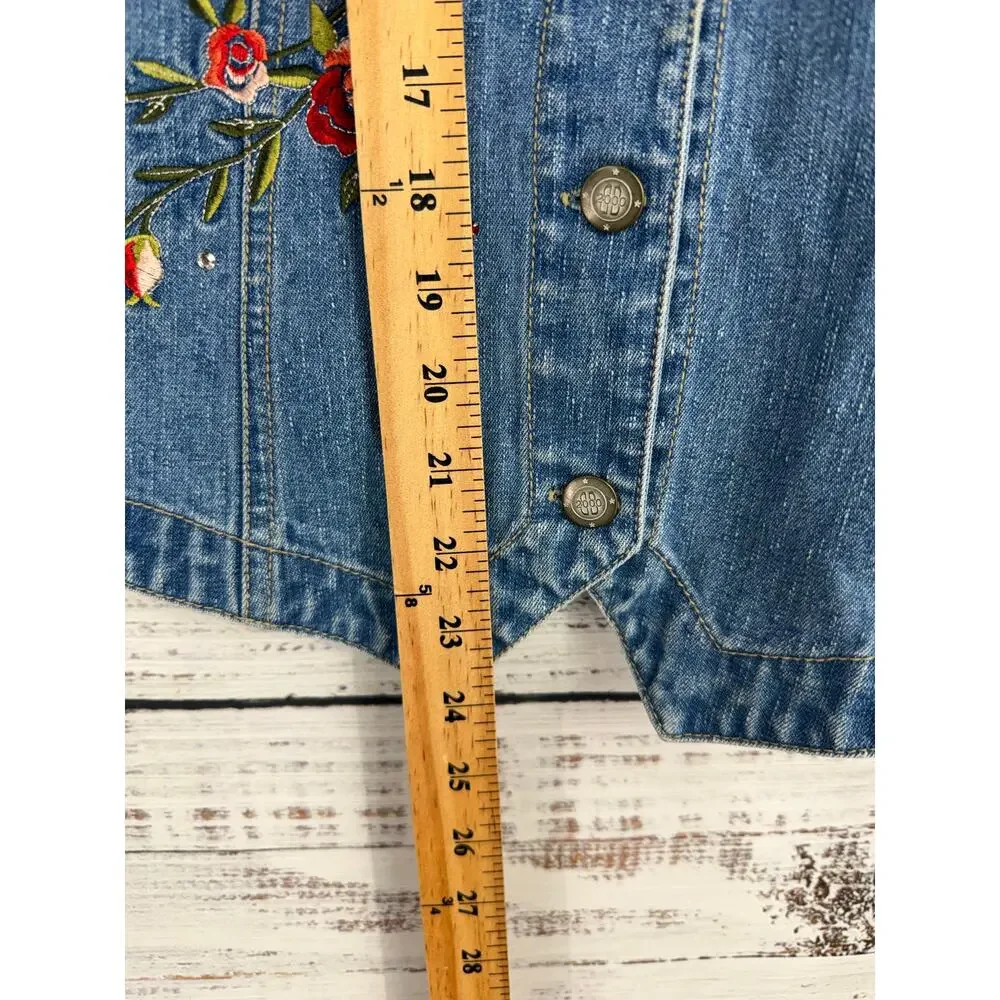 Vintage Bill Blass Denim Vest Medium Floral Embroidery 90s Western Boho Hippie - Picture 4 of 6